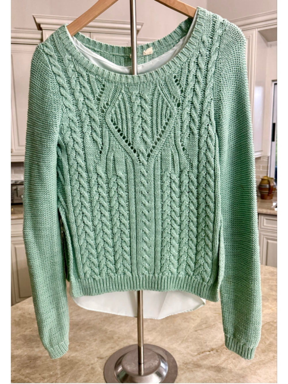 Moth ANTHROPOLOGIE Layered Look Cable Knit Sweater Size M Green and White